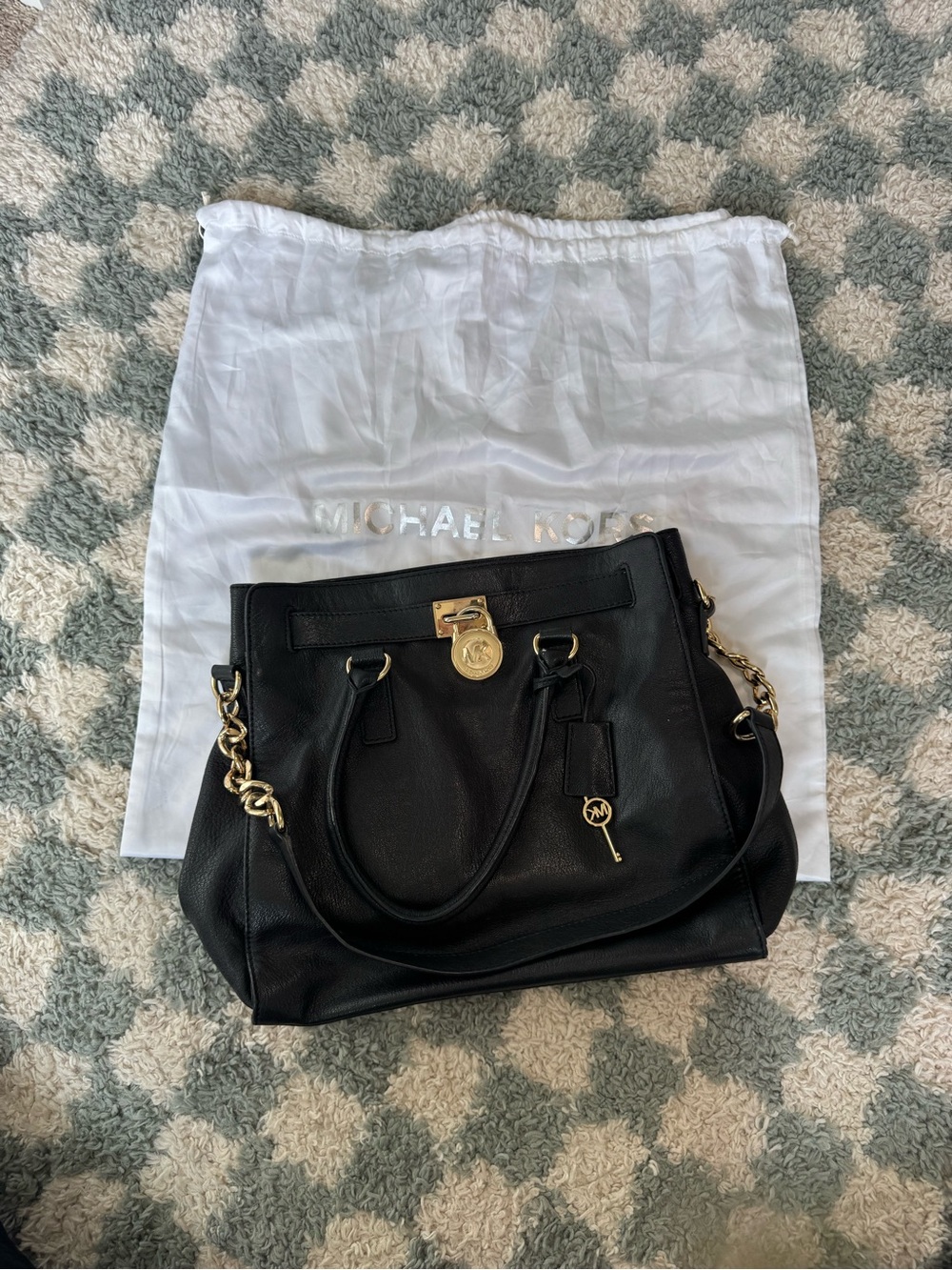 Michael Kors Hamilton Black Leather Satchel Tote Gold Lock & Key